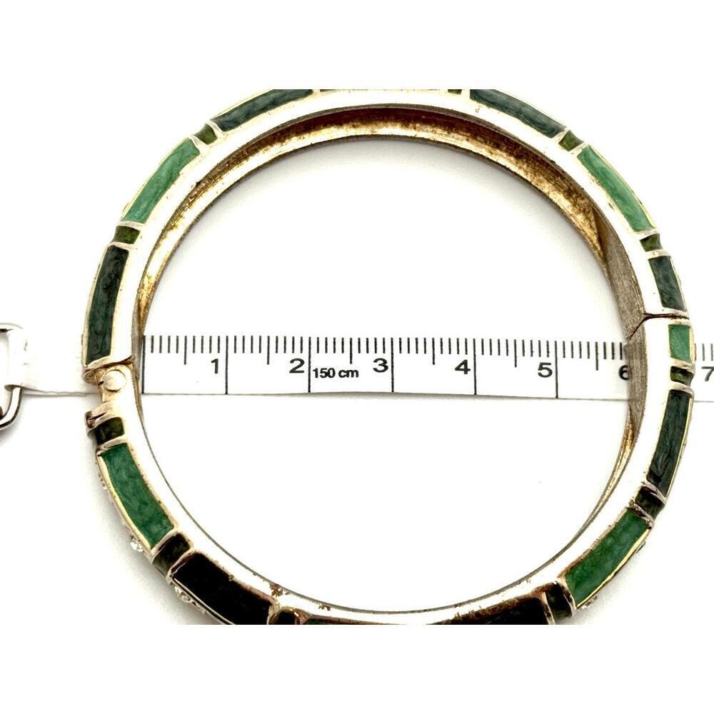 Green Enamel Hinged Bangle Bracelet w/ Rhinestones – Gold Tone – Vintage Style - Picture 8 of 8